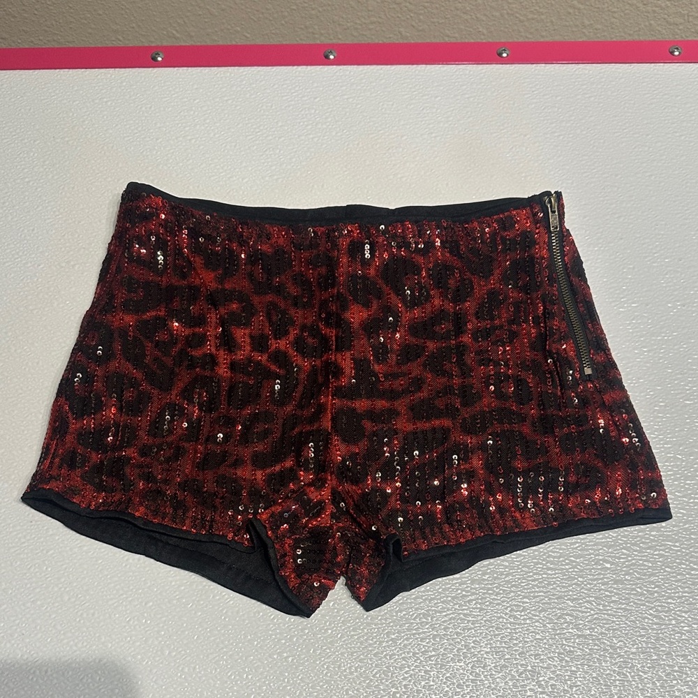 Sequin Red Leopard Print High-Waist Shorts